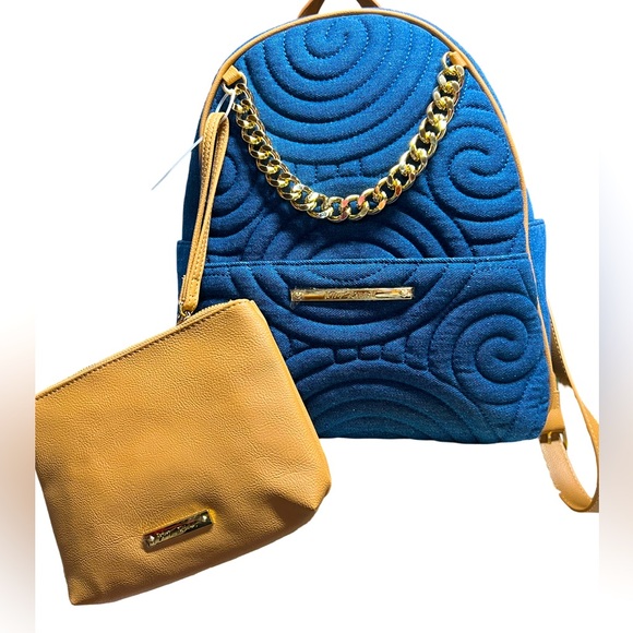 Betsy Johnson NWT Denim Blue Quilted Backpack with Small  Brown Purse (P034) - Picture 2 of 16